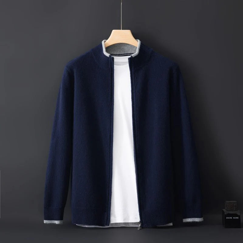 Riku camel cashmere zip jacket with contrast trim, ribbed cuffs, and tailored modern silhouette