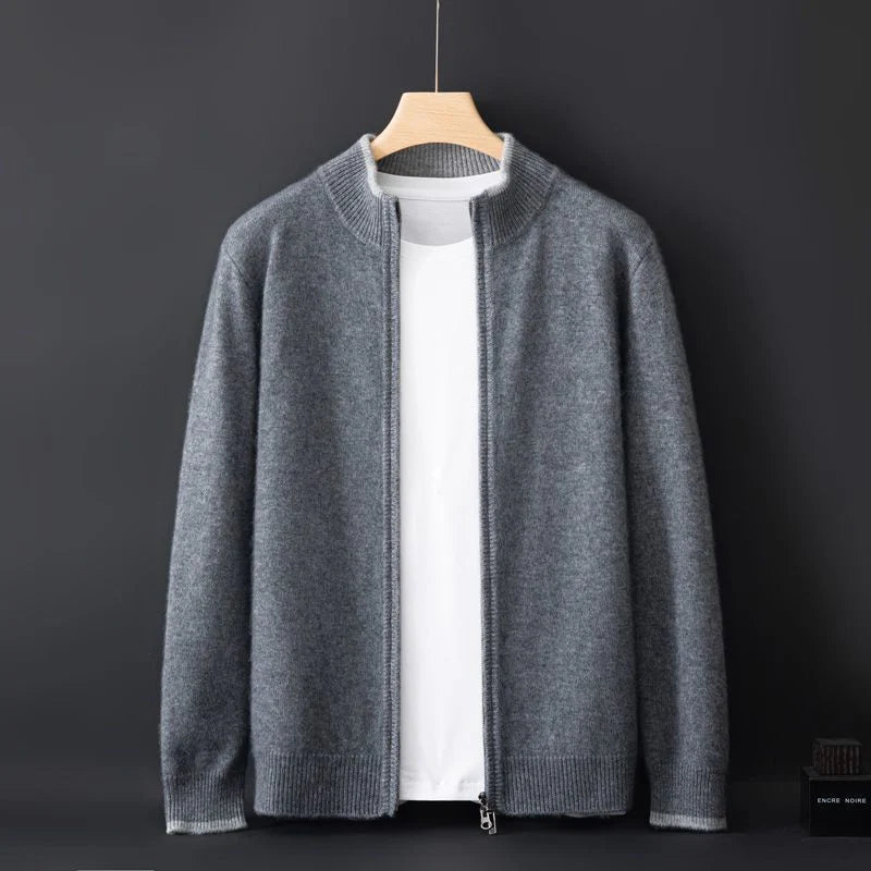 Riku cashmere zip jacket with contrast trim, ribbed cuffs, and tailored structure for elevated everyday style