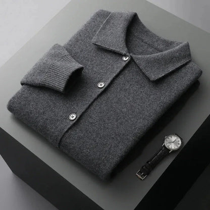 Riley button-up wool cardigan with ribbed cuffs, classic minimalist knit design for casual layering