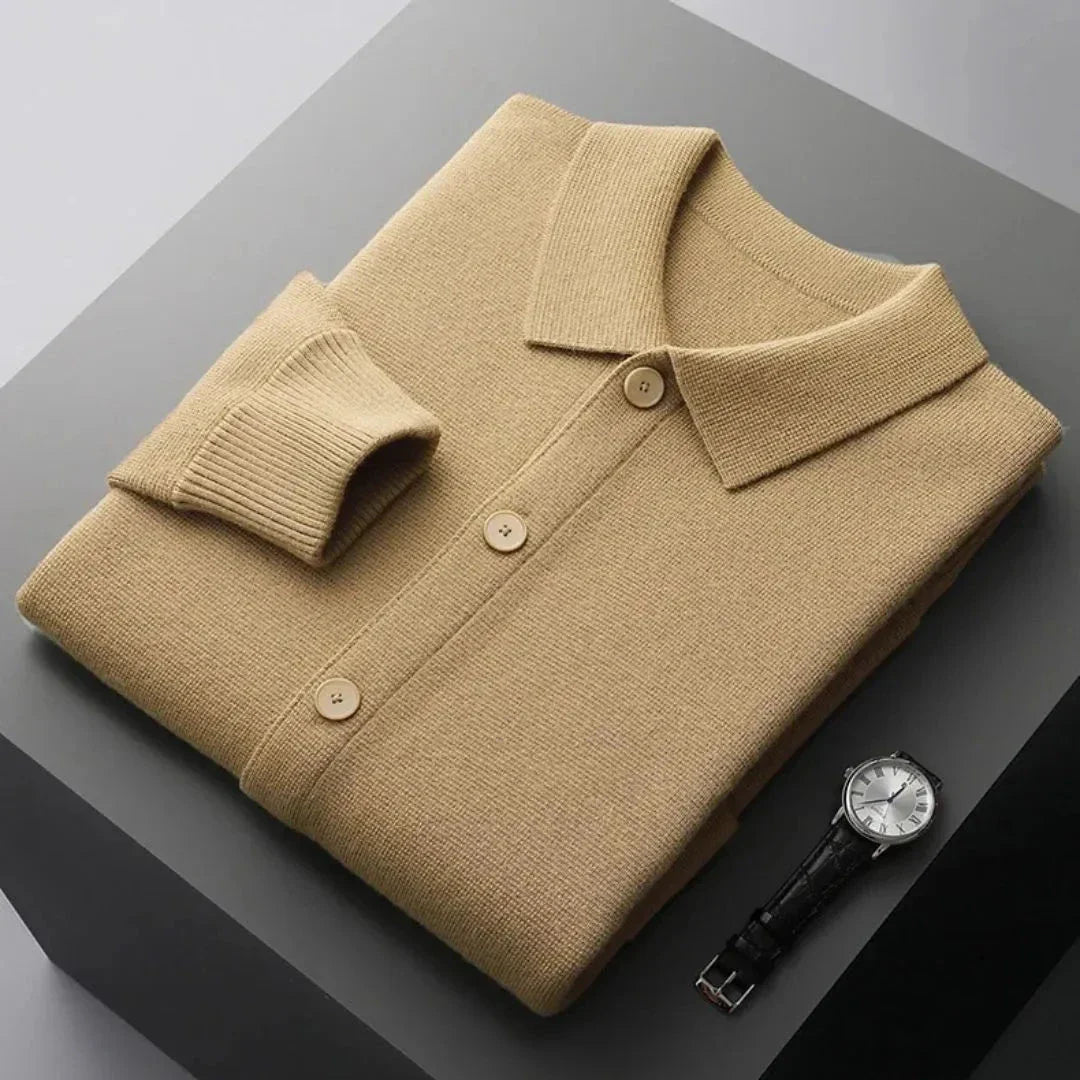 Riley button-up wool cardigan in classic knit with ribbed cuffs, front pockets, and minimalist style