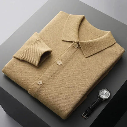 Riley button-up wool cardigan in classic knit with ribbed cuffs, front pockets, and minimalist style