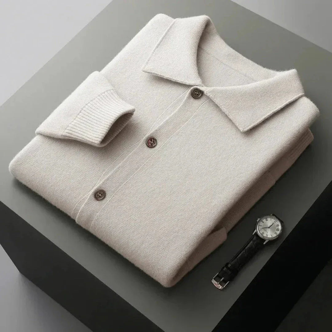 Riley button-up wool cardigan in classic knit with ribbed cuffs, front pockets, and minimalist style