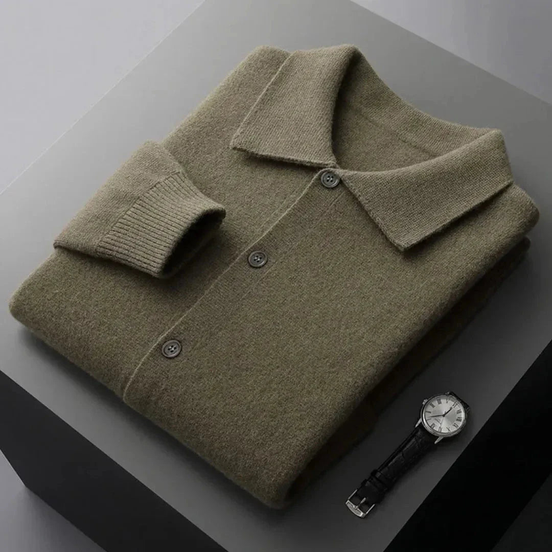 Riley button-up wool cardigan in classic minimalist style with ribbed cuffs and front pockets