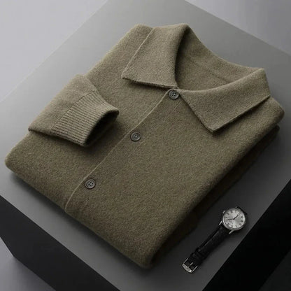 Riley button-up wool cardigan in classic minimalist style with ribbed cuffs and front pockets