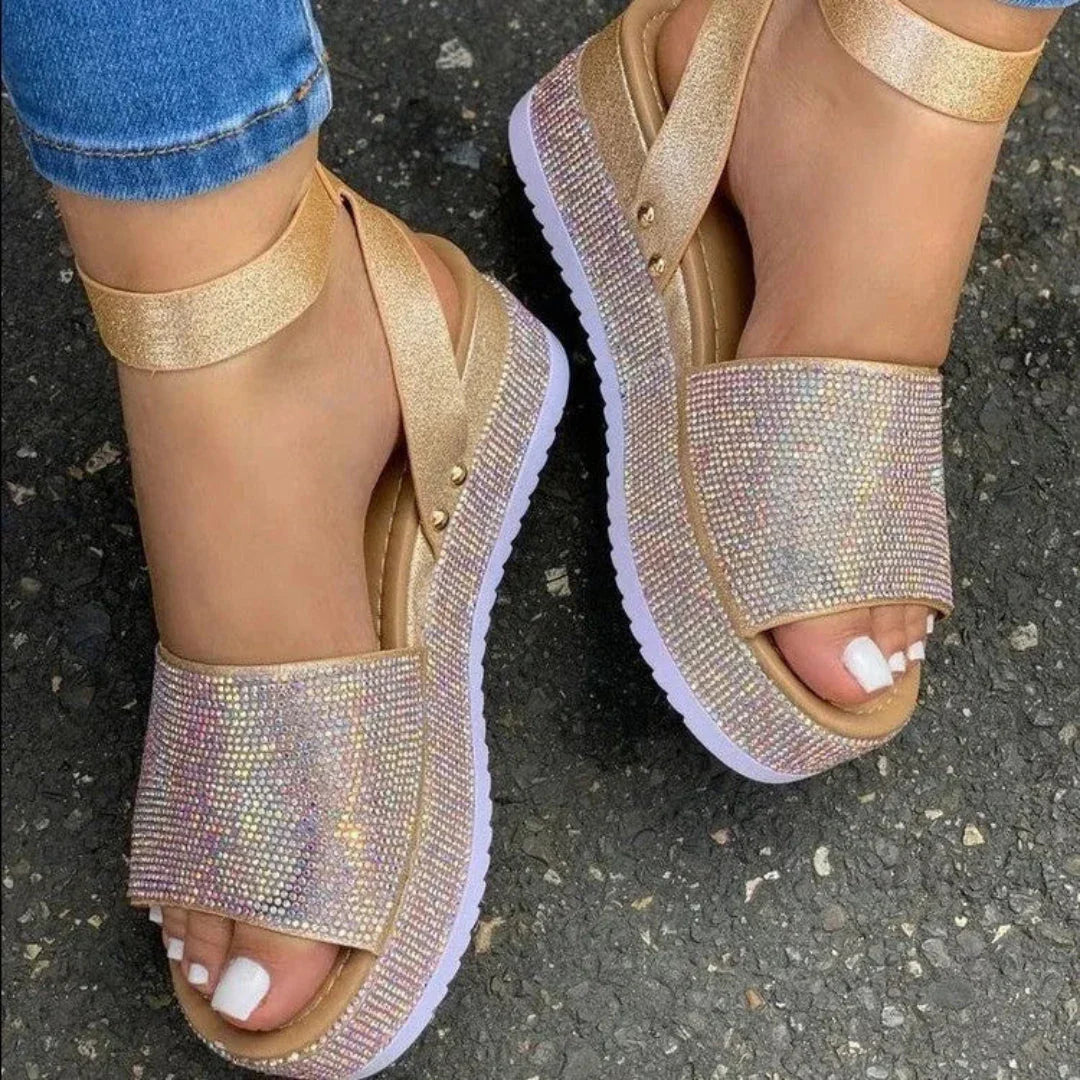 Women's rhinestone chunky platform sandals with ankle wrap strap and cushioned sole for glamorous summer style