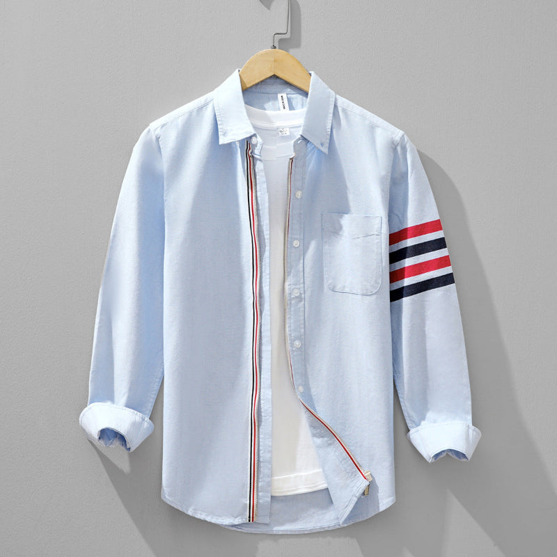 White linen blend tailored shirt with tricolor arm stripes and contrast button placket