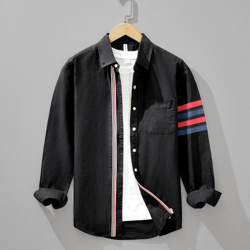 White linen blend tailored shirt with tricolor arm stripes and contrast button placket