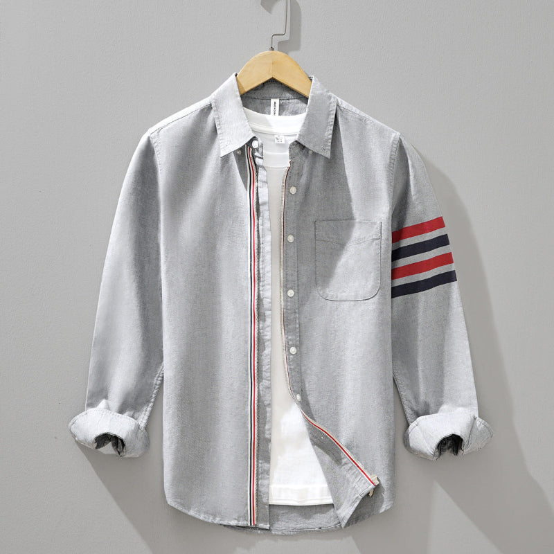 White linen blend tailored shirt with tricolor arm stripes and contrast button placket