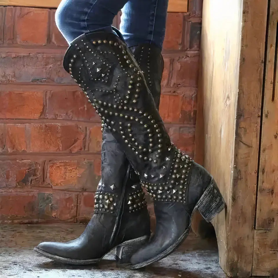 Black long heel boots for women with edgy rivet details, bold chic silhouette, available in 5 colors