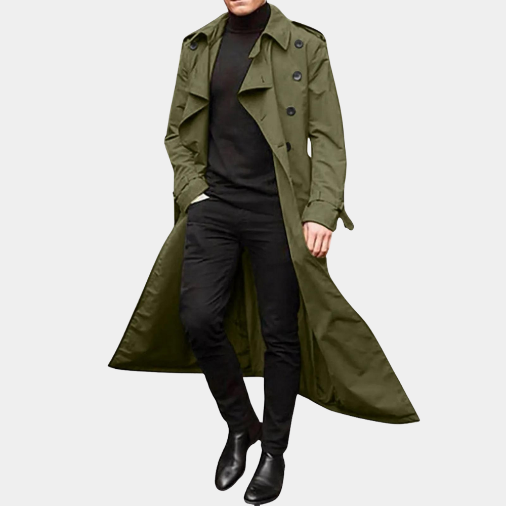 Men's vintage-inspired long trench coat by Wavlynn in classic cut with elongated commanding silhouette
