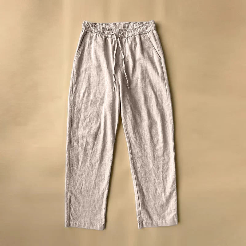 Roberto Russo men's beige linen-cotton blend pants, relaxed straight cut with natural textured finish