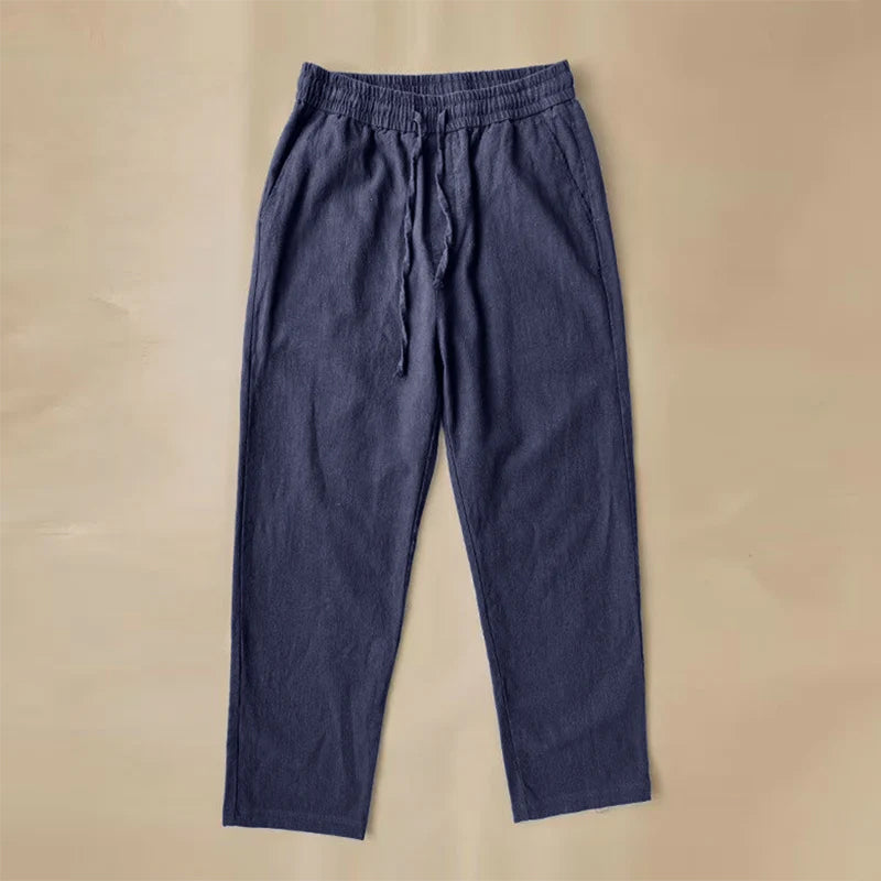 Roberto Russo men's linen-cotton blend pants in neutral tone, relaxed tapered fit with natural texture