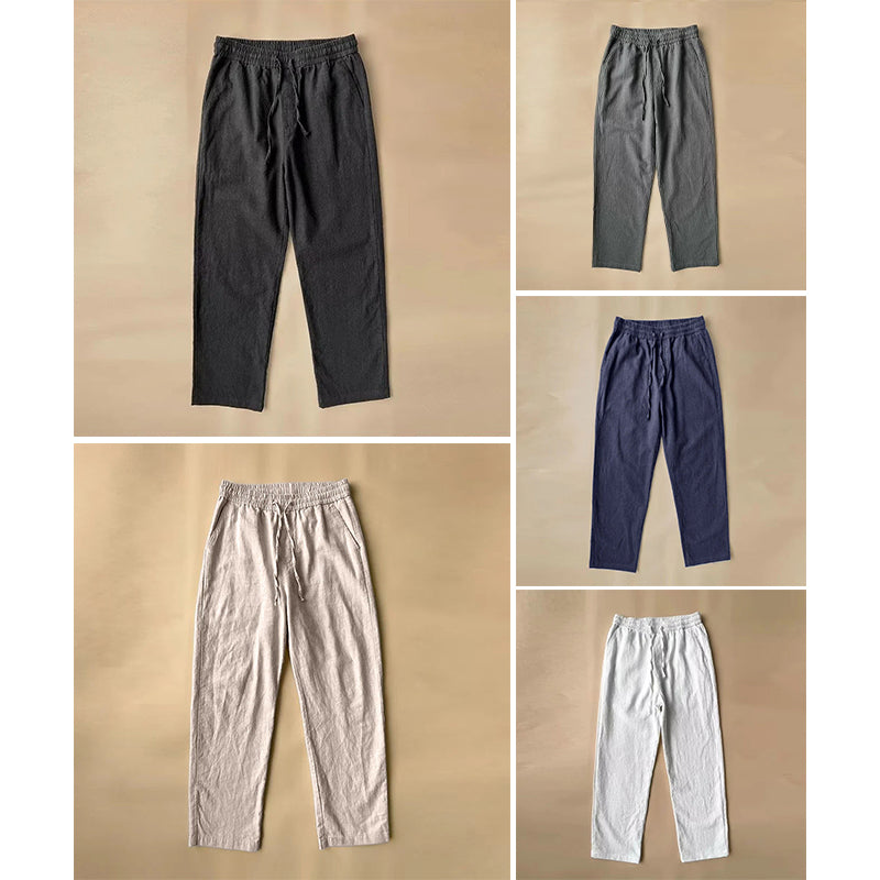 Roberto Russo men's beige linen-cotton blend pants, relaxed straight cut with natural textured finish