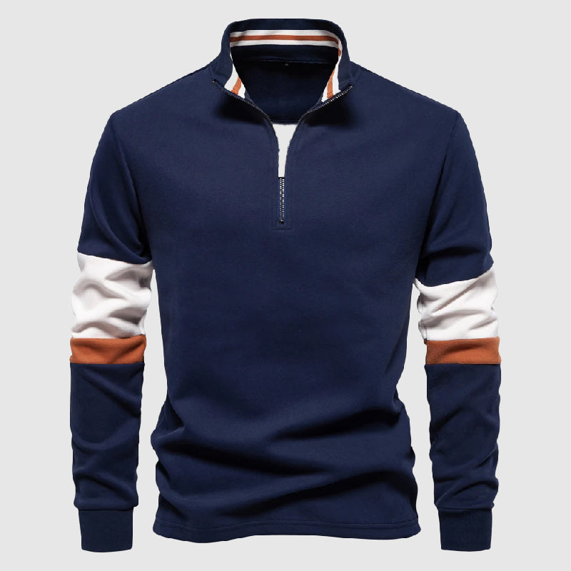 Roberto Russo patchwork pullover with contrasting stripe sleeves, quarter-zip high collar, casual cotton blend