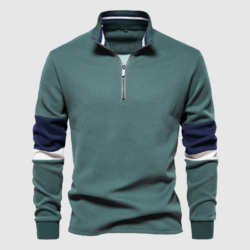 Roberto Russo patchwork pullover with quarter-zip, high collar, contrast stripe sleeves, casual cotton blend