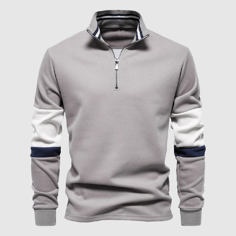 Roberto Russo patchwork pullover with contrasting stripe sleeves, quarter-zip collar, casual cotton blend