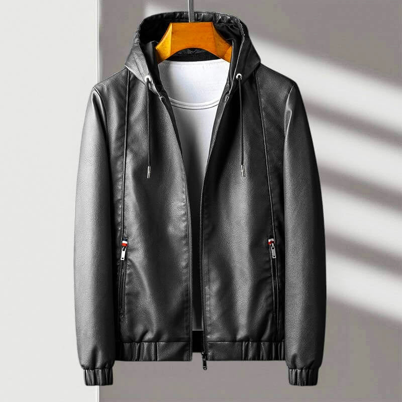 Men's black faux leather hooded jacket regular fit full zip with zippered pockets
