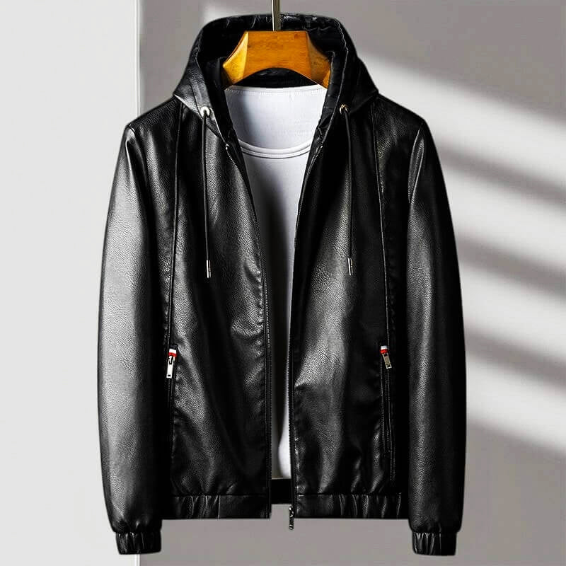Men's black faux leather hooded jacket regular fit full zip with zippered pockets