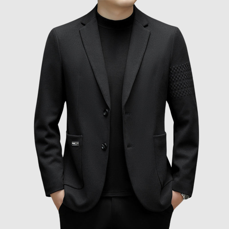 Roberto Russo navy blue slim-fit elegant jacket with subtle checkered sleeve detail in premium wool