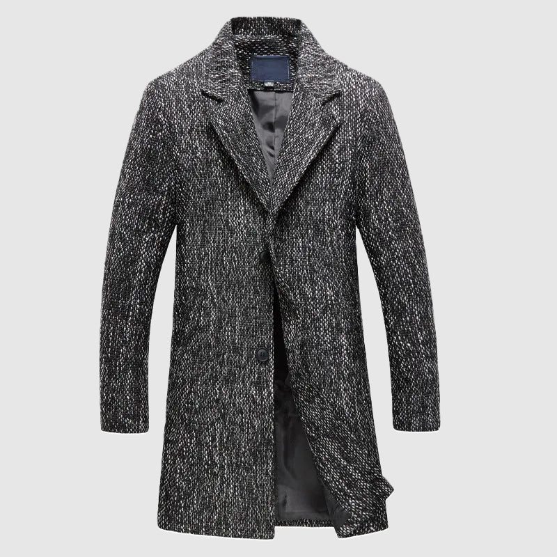 Men's charcoal wool coat tailored fit notched lapel mid-length formal outerwear refined silhouette