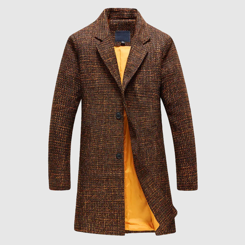 Men's charcoal wool coat tailored fit notched lapel mid-length formal outerwear sleek silhouette