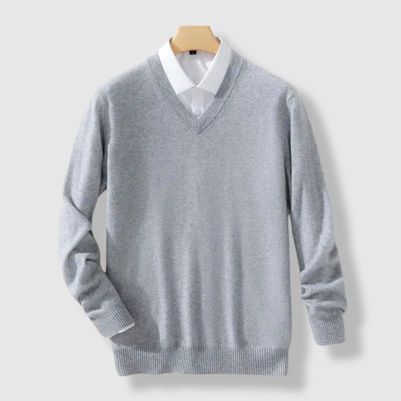 Roberto Russo navy blue V-neck cashmere blend sweater with long sleeves for men