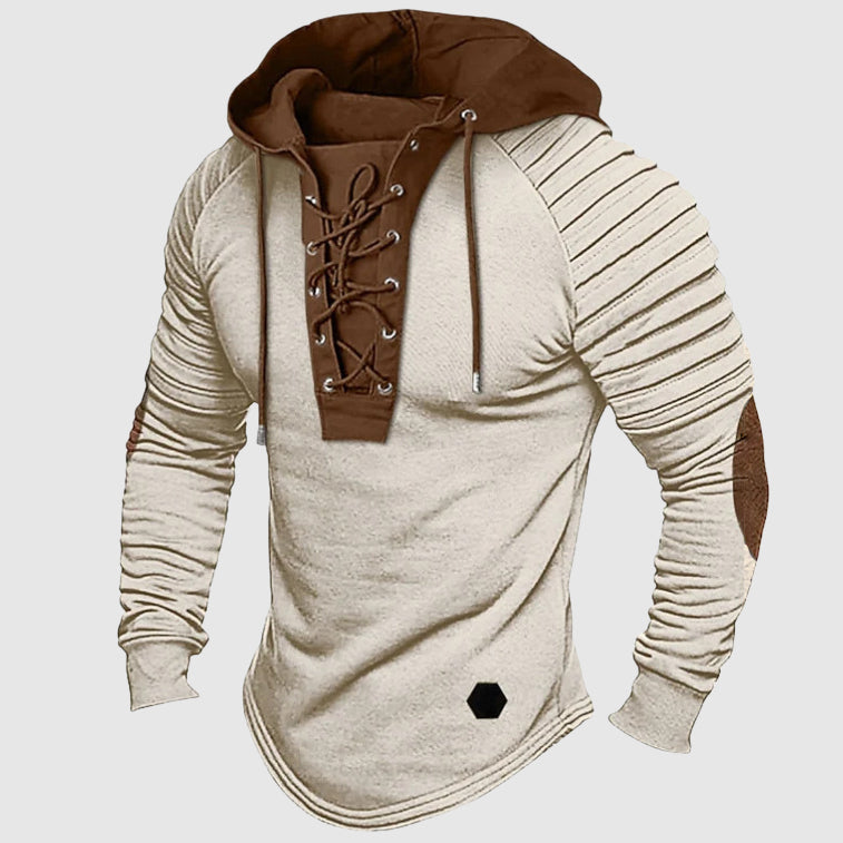 Roberto Russo women's hooded sweater with bold lace-up placket detail in adventure-ready urban style
