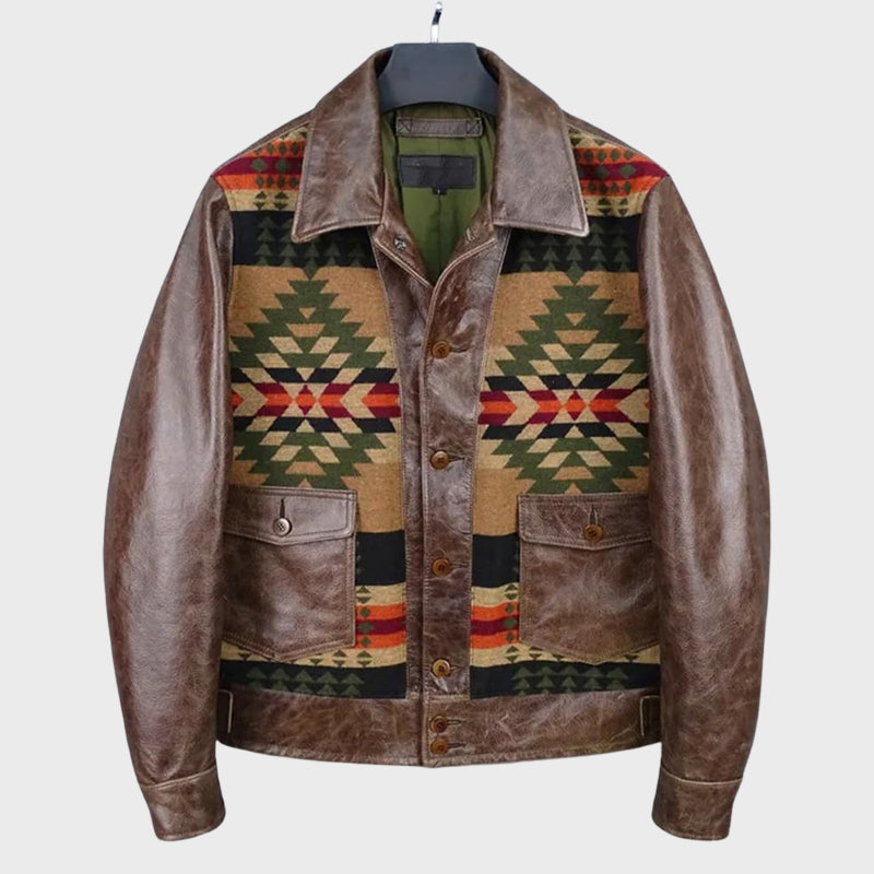 Men's brown genuine leather heritage jacket with suede woven panel detailing by Roberto Russo
