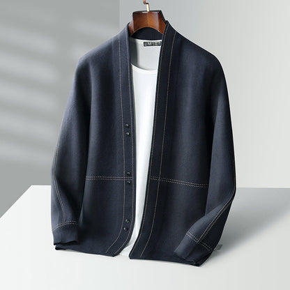 Men's gray wool blend relaxed fit cardigan with button closure, cozy autumn winter layering essential