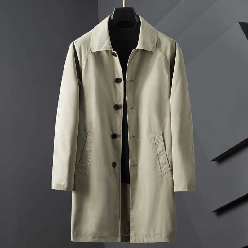 Roberto Russo beige classic trench coat with streamlined button-up closure and satin-like finish