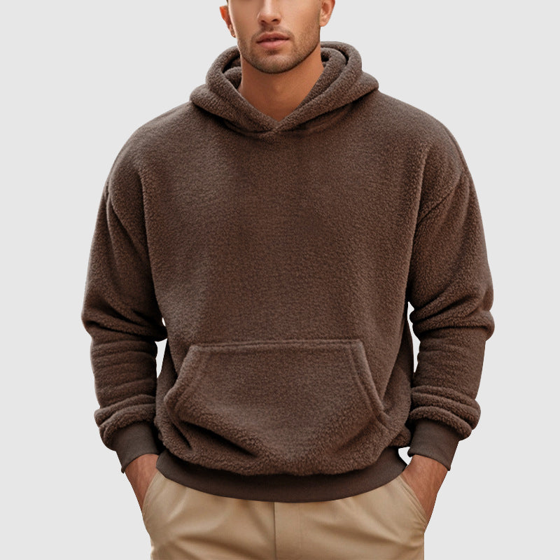 Men's gray fleece pullover hoodie relaxed fit with kangaroo pocket and ribbed trim by Wavlynn