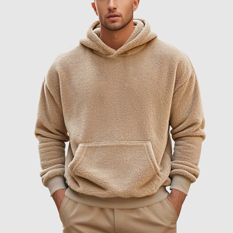 Men's relaxed-fit fleece pullover hoodie in neutral tone with kangaroo pocket and ribbed trim