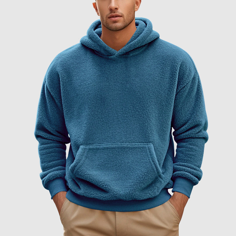 Men's gray fleece pullover hoodie relaxed fit with front kangaroo pocket and ribbed trim