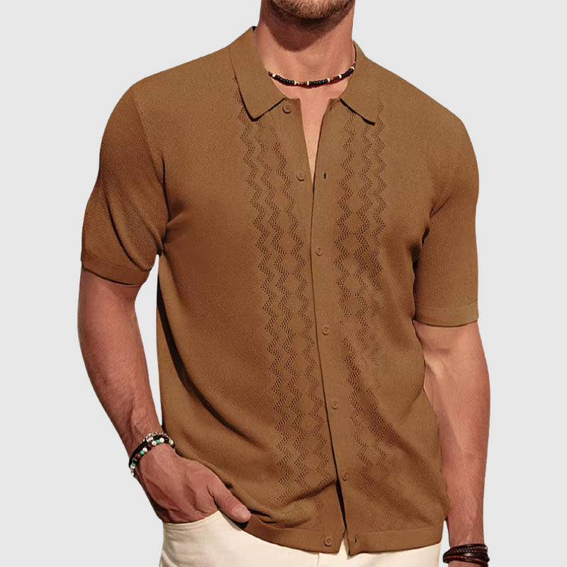 Men's relaxed fit knit shirt lightweight breathable short sleeve button-up with zigzag pattern