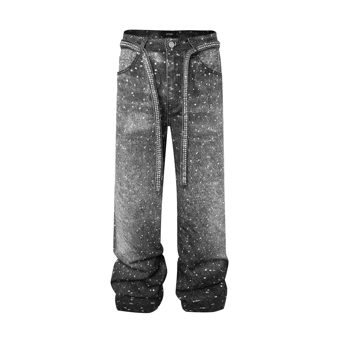 Blue distressed denim relaxed-fit jeans with sparkling rhinestone embellishments for bold Western style