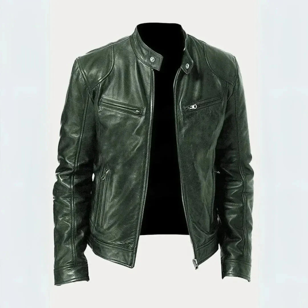 Black genuine leather moto jacket tailored fit with snap-tab collar and structured shoulders