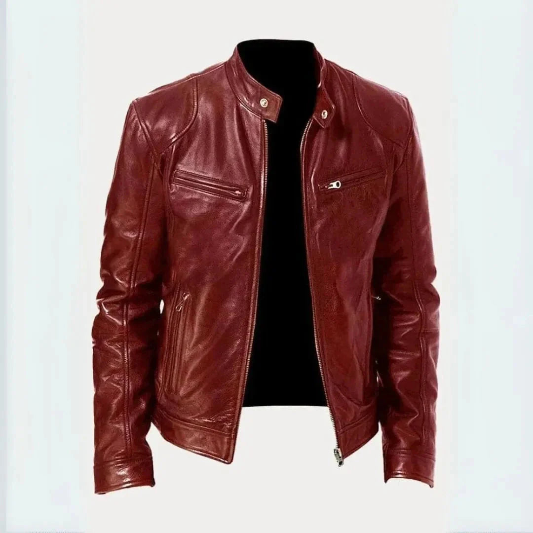 Black genuine leather moto jacket tailored fit with snap-tab collar and sleek zipper details