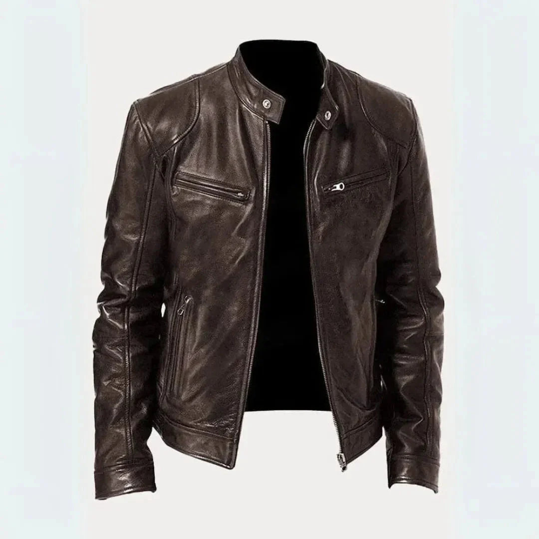 Black genuine leather moto jacket tailored fit with snap-tab collar and sleek zipper details