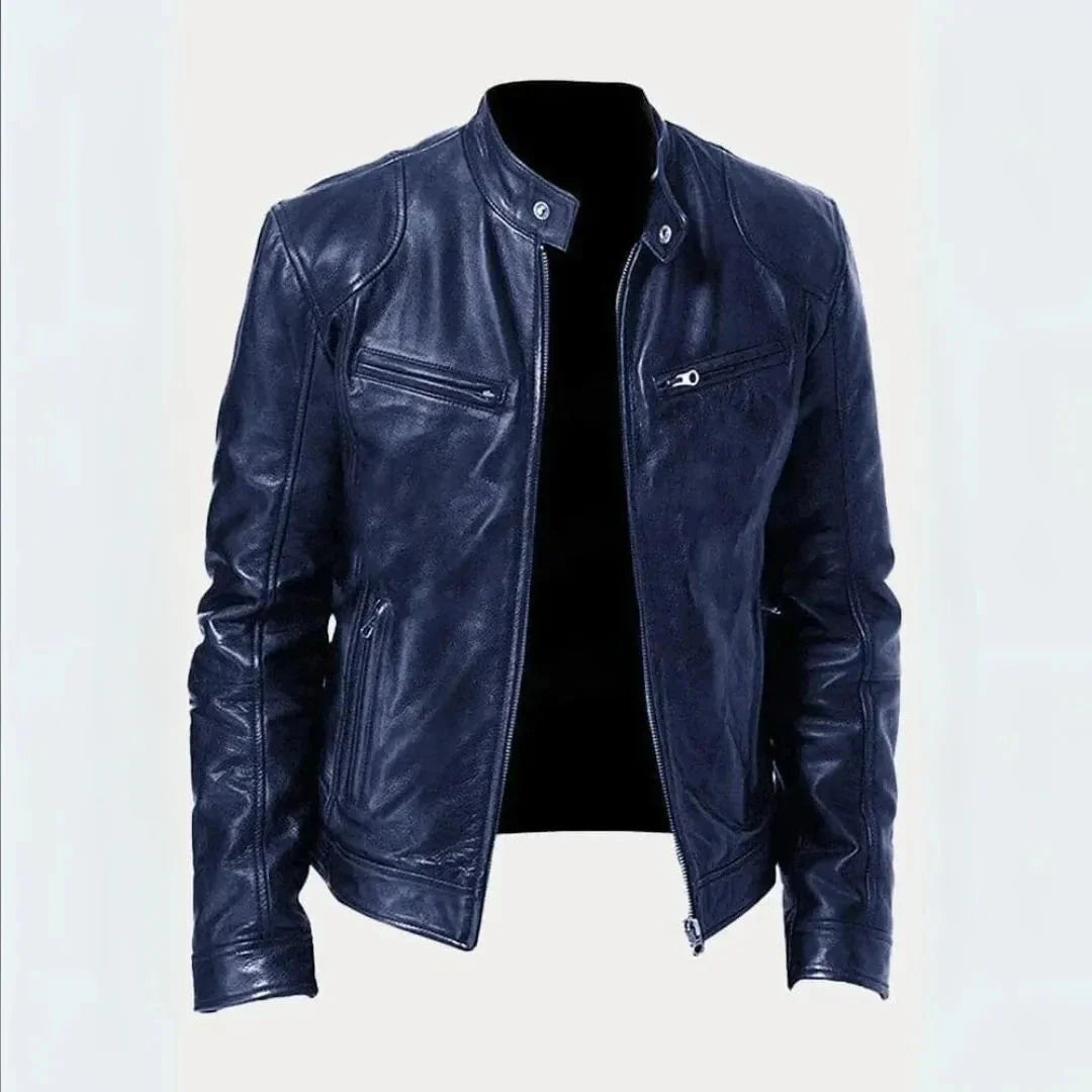 Black genuine leather moto jacket tailored fit with snap-tab collar and structured shoulders