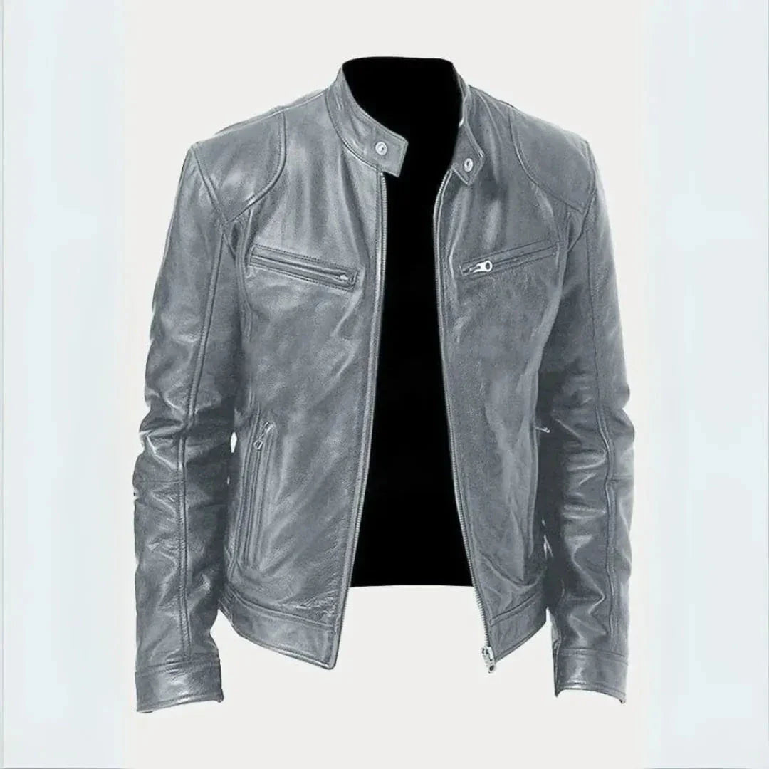 Black genuine leather moto jacket tailored fit with snap-tab collar and structured shoulders