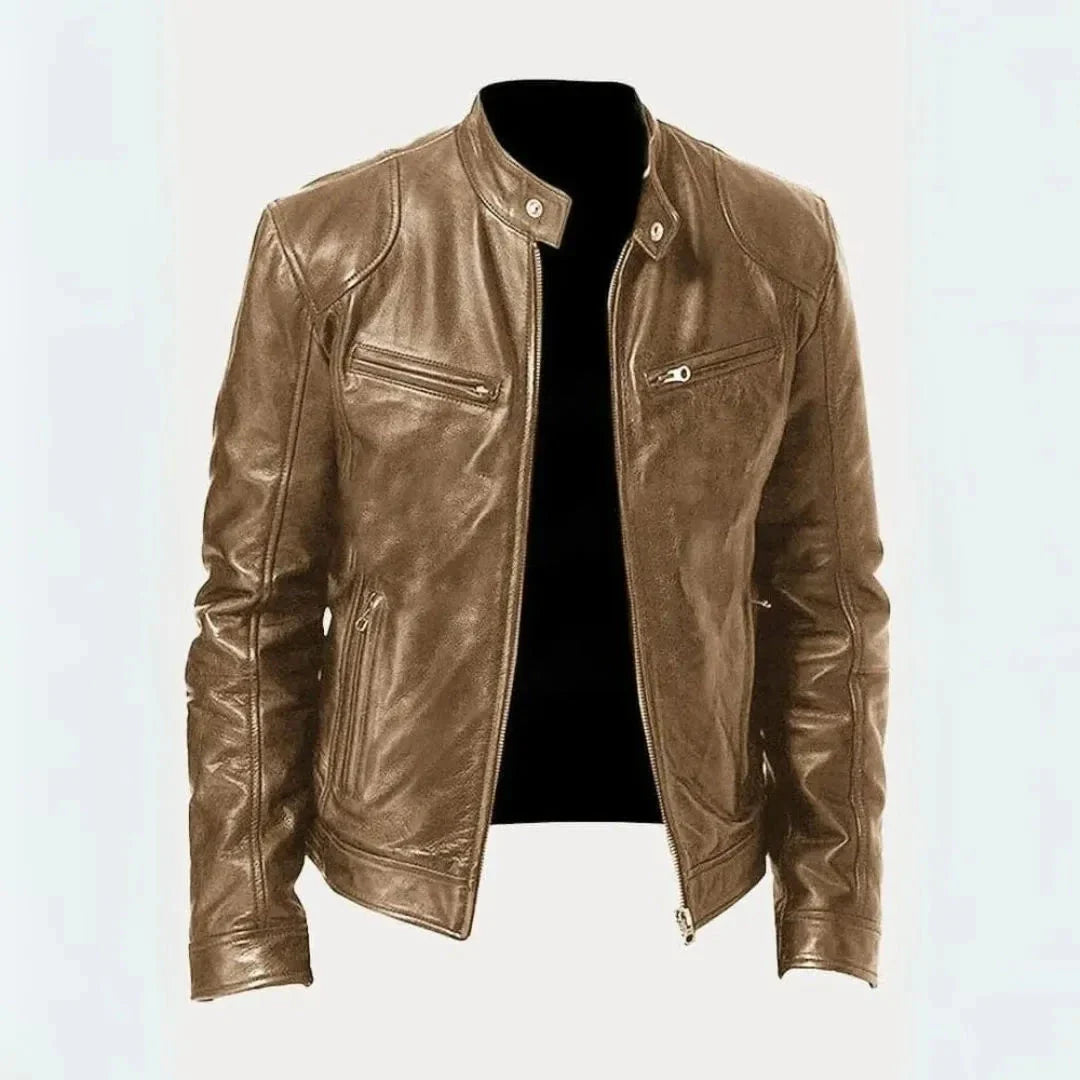 Black genuine leather moto jacket tailored fit with snap-tab collar and structured shoulders