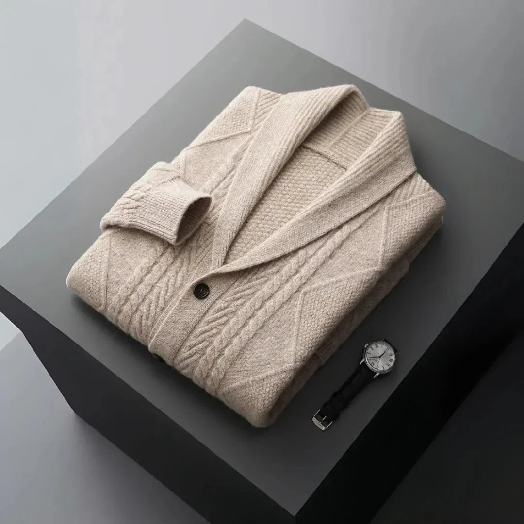 Men's merino wool shawl collar cardigan with cable-knit diamond pattern, classic button-down front