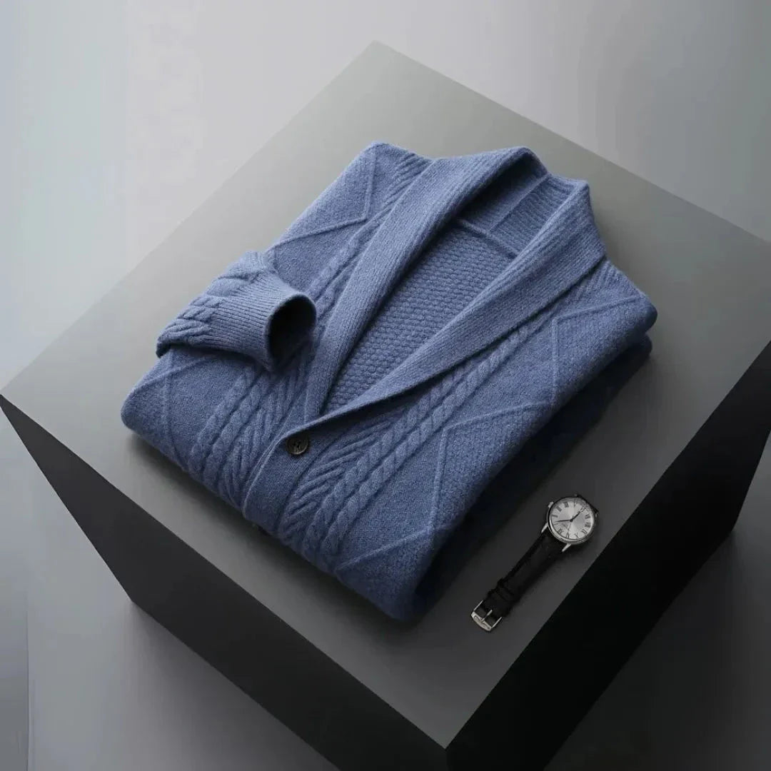 Romeo Merino gray shawl collar cardigan with cable-knit diamond pattern in extra-fine wool