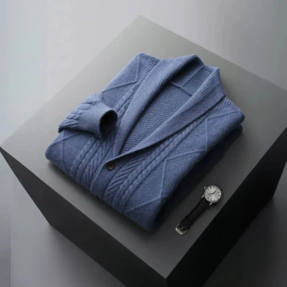 Romeo Merino gray shawl collar cardigan with cable-knit diamond pattern in extra-fine wool