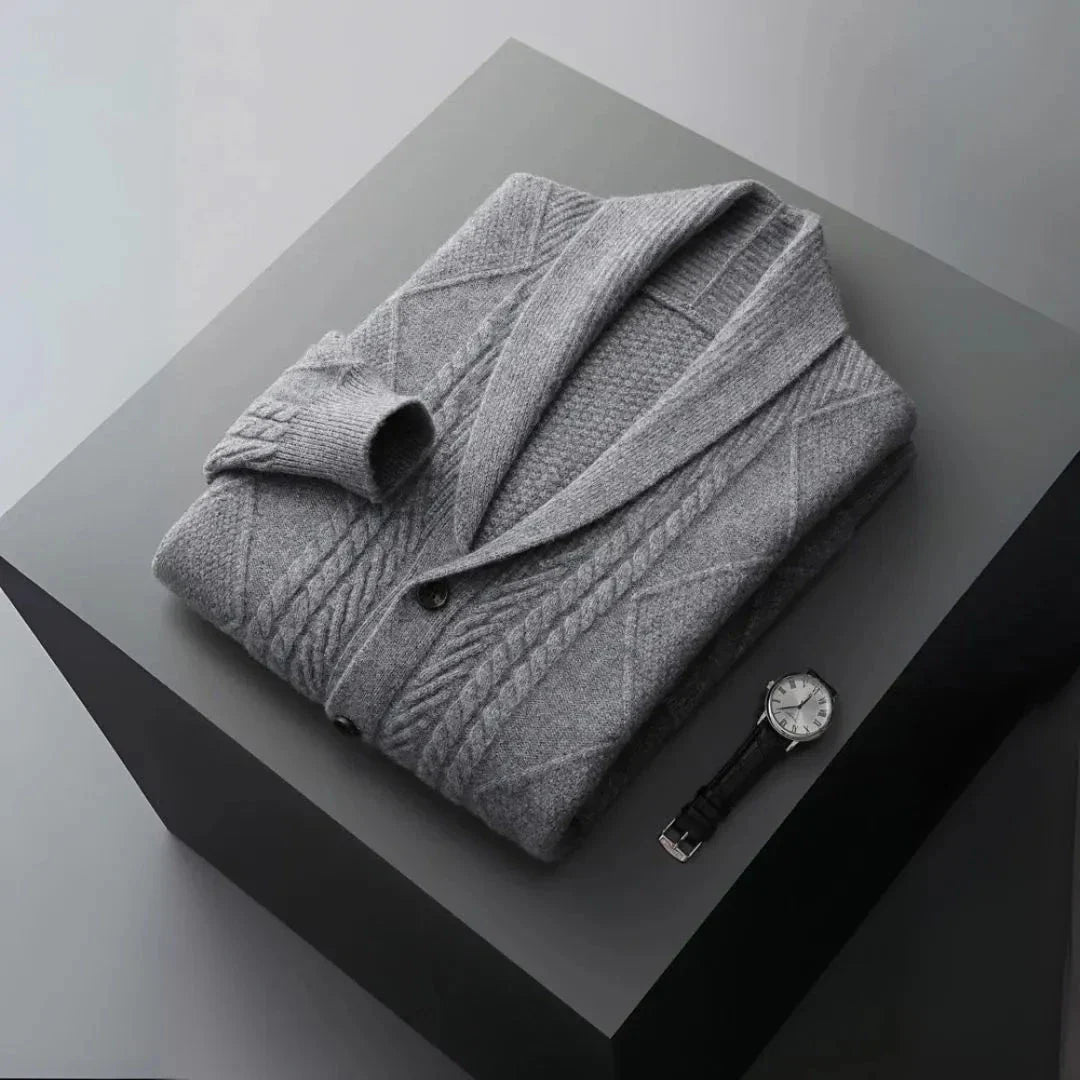Men's merino wool shawl collar cardigan with cable-knit diamond pattern, classic button-down front
