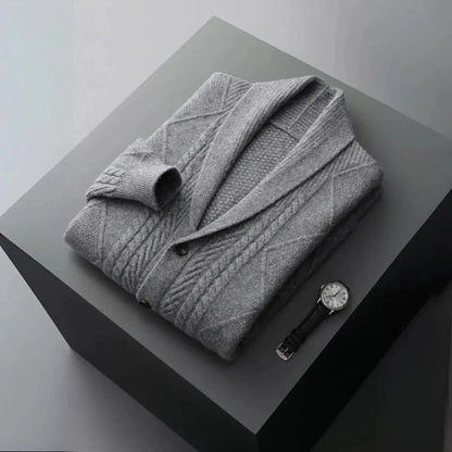 Men's merino wool shawl collar cardigan with cable-knit diamond pattern, classic button-down front
