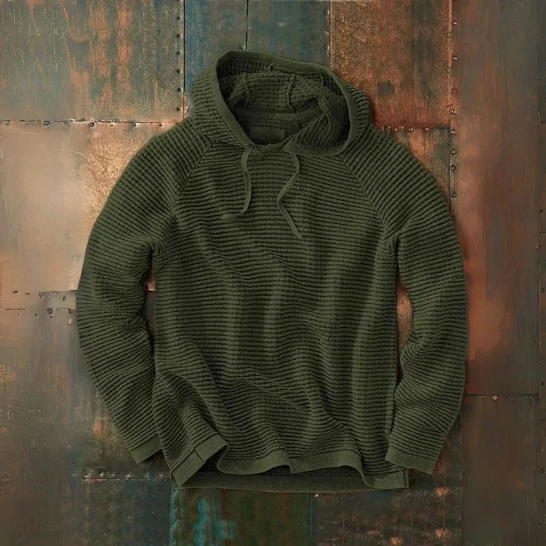 Ronan striped knit hooded pullover in relaxed fit with adjustable drawstring hood