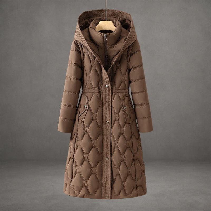 Rosemont longline hooded down coat with diamond-quilted stitching and structured silhouette