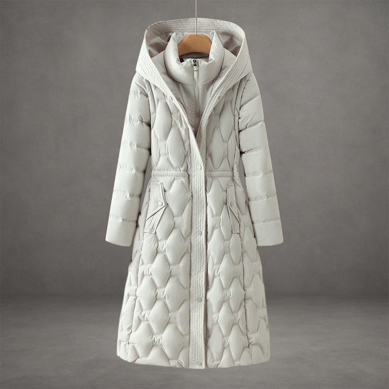 Rosemont longline hooded down coat with diamond-quilted stitching and structured silhouette