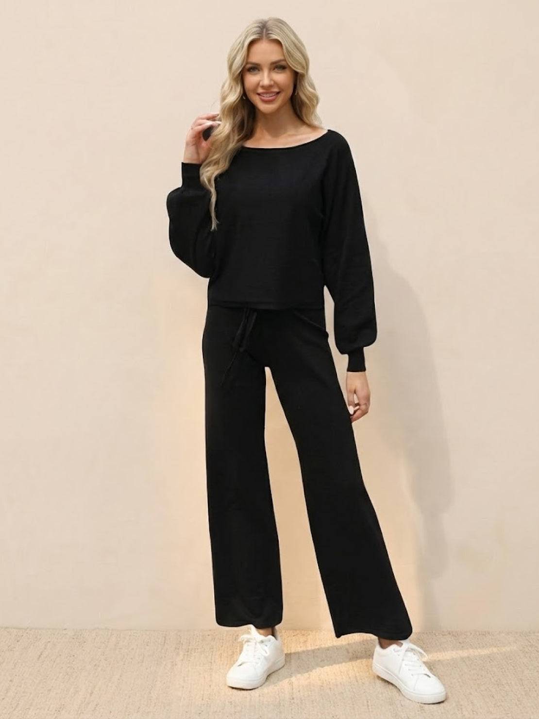 Women's tonal cropped sweatshirt and wide-leg drawstring pants lounge set in casual relaxed fit
